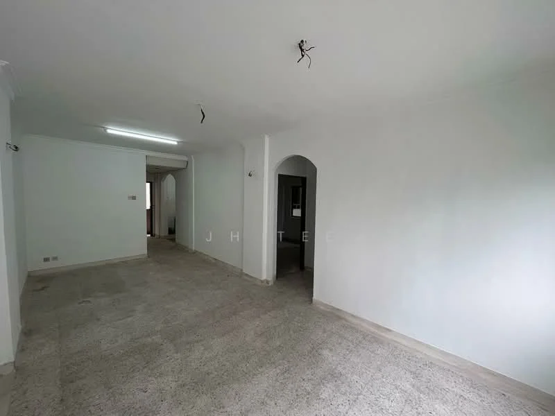 Room features: white painted walls, marble flooring, recessed lighting, arched doorway, no visible furniture, empty space, ceiling with exposed wiring.
