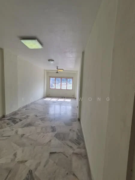 Room features: white painted walls, marble flooring, ceiling light fixtures, ceiling fan, large windows with grid pattern, natural light from windows.