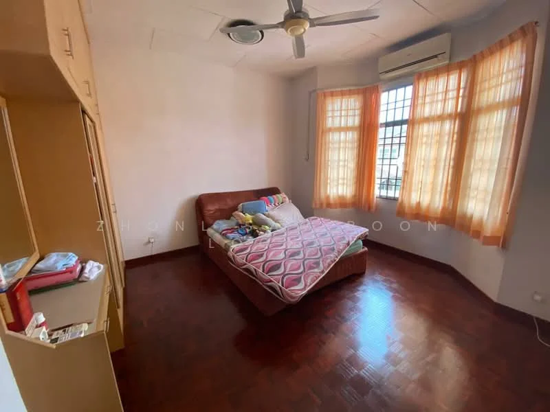 Bedroom features: queen-size bed with patterned bedding, wooden flooring, light brown wooden wardrobe, floor-to-ceiling windows with sheer curtains, 1 wall-mounted split AC, ceiling fan, decorative pillows, natural light from windows.