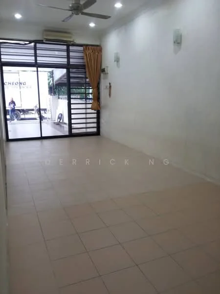 Living features: white painted walls, tile flooring, ceiling fan, large sliding glass door, curtains, wall-mounted lights, air conditioning unit.
