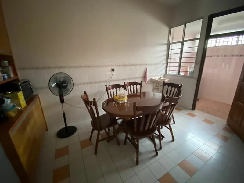 Dining features: round wooden dining table, 6 wooden dining chairs, ceiling fan, white tiled flooring, cream painted walls, wooden cabinetry, window with metal grille, light source from window; style: traditional. Room features: white tiled flooring, cream painted walls, window with metal grille.