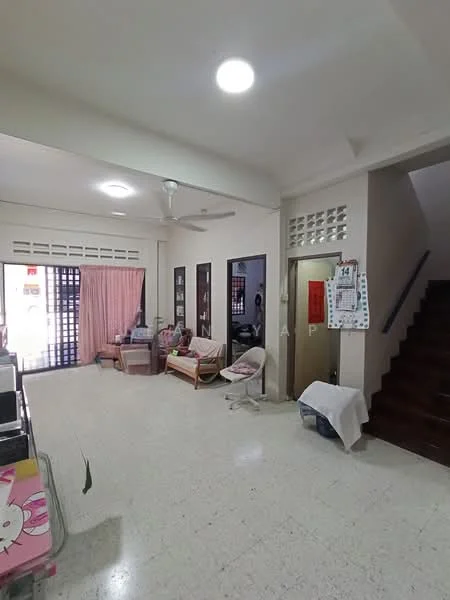 Living features: white painted walls, tile flooring, 5-blade ceiling fan with light, large windows with sheer curtains, sofa with cushions, wooden coffee table, decorative wall clock, staircase leading to upper floor, area rug, light fixture in ceiling; style: modern.