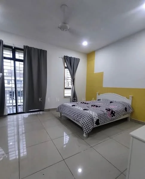 Bedroom features: queen-size bed, checkered bedspread, white wooden bed frame, floor-to-ceiling windows, grey curtains, yellow accent wall, white painted walls, glossy tile flooring, ceiling fan with light, built-in wardrobe; style: modern.
