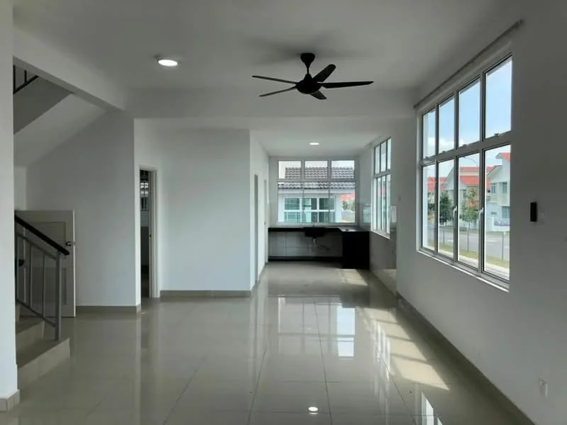 Living features: white painted walls, glossy ceramic tile flooring, 5-blade ceiling fan with light, large floor-to-ceiling windows, natural light from multiple windows, open layout, corner desk area, staircase leading to upper floor; style: modern; view: garden.
