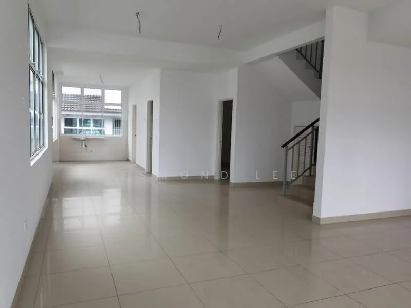 Room features: white painted walls, glossy ceramic tile flooring, large windows with natural light, staircase with metal railing, open layout, no visible furniture, neutral color scheme, high ceiling; style: modern.