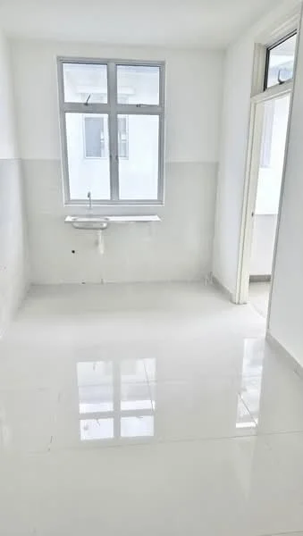 Room features: white painted walls, glossy white tile flooring, single-bowl stainless-steel sink, large window, natural light, neutral color scheme; style: modern.