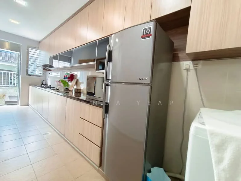 Kitchen features: light wood cabinetry, stainless-steel fridge, built-in microwave, ceramic tile flooring, white countertop, kitchen sink, wall-mounted cabinets, open shelving, window with natural light, dishwasher, decorative plants; style: modern.