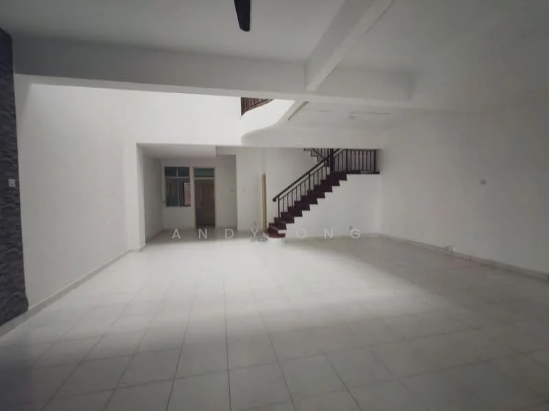 Living features: white painted walls, tile flooring, high ceiling, staircase with wooden railing, large windows, open layout, ceiling fan, neutral color scheme; style: modern.