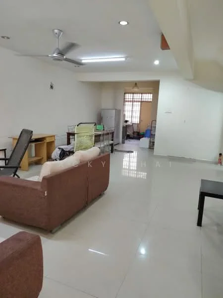Living features: 3-seater fabric sofa in beige, 2-seater fabric sofa in brown, coffee table, ceiling fan, wall-mounted light fixtures, white painted walls, polished ceramic tile flooring, open layout, desk with chair, refrigerator visible in background; style: modern. Room features: white painted walls, polished ceramic tile flooring, open layout, kitchen area visible in background.