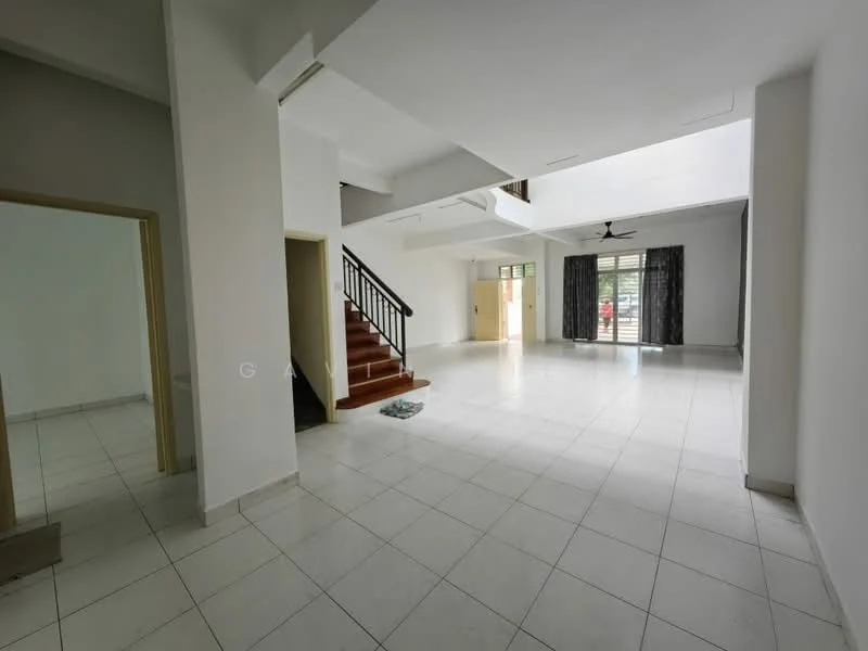 Living features: white painted walls, ceramic tile flooring, 5-blade ceiling fan, large windows with sheer curtains, staircase with wooden railing, double-height ceiling, natural light from windows, open layout, sliding glass door leading to outdoor area; style: modern; view: garden.