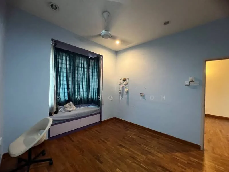 Bedroom features: blue painted walls, wooden flooring, ceiling fan, window with sheer curtains, built-in window seat, light switch, power outlet, doorway to hallway.