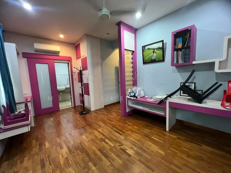 Room features: wooden flooring, light blue painted walls, purple accent wall, built-in shelving unit, ceiling fan, window with blue curtains, door leading to bathroom, coat rack, decorative wall art, desk with storage, stacked chairs; style: modern.