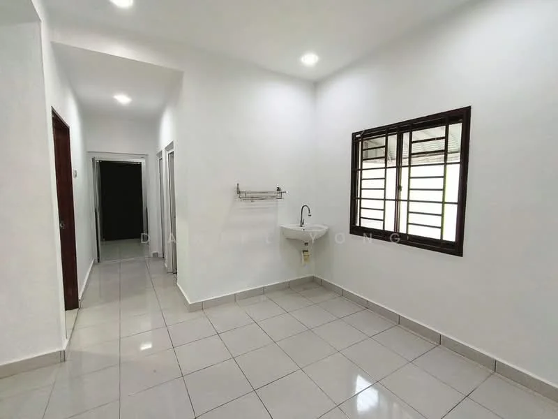 Room features: white painted walls, glossy ceramic tile flooring, recessed downlights, single-bowl sink, window with metal grille, doorway leading to another room, doorway leading to hallway, neutral color scheme; style: modern.