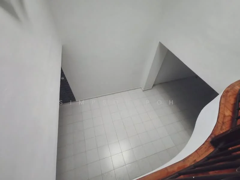 Room features: white painted walls, tile flooring, open space, staircase railing, natural light from upper level, neutral color scheme; style: modern.