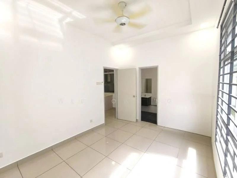Room features: white painted walls, tile flooring, 5-blade ceiling fan, floor-to-ceiling windows, doorway leading to another room, doorway leading to bathroom, natural light from windows, neutral color scheme; style: modern.