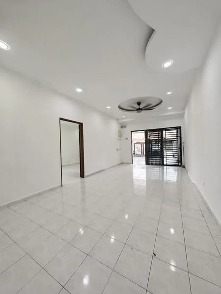Living features: white painted walls, polished ceramic tile flooring, 5-blade ceiling fan with light, recessed LED downlights, floor-to-ceiling sliding glass door, window treatments, air conditioning unit, open layout; style: modern.
