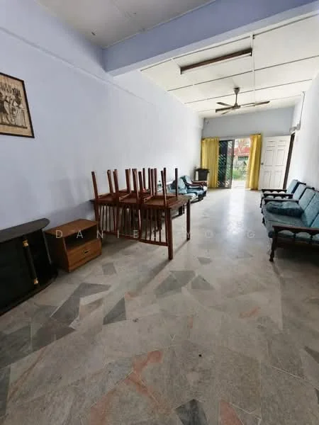 Living features: light blue painted walls, marble flooring with mixed patterns, ceiling fan, wooden chairs with upholstery, wooden table, stacked wooden chairs, sliding glass door, curtains in yellow, door leading to outdoor space.