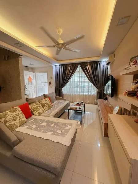 Living features: L-shape sectional sofa in grey, decorative throw pillows in red and floral patterns, coffee table, wall-mounted TV, TV console, recessed downlights, ceiling fan, floor-to-ceiling windows, sheer curtains, dark curtains, white tiled flooring, wooden feature wall, decorative wall shelf; style: modern.