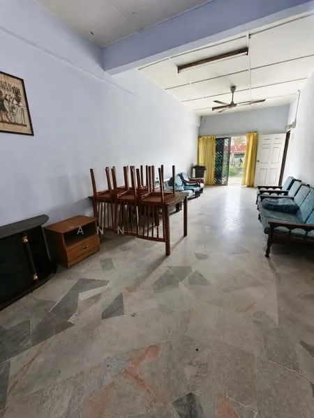 Living features: light blue painted walls, marble flooring, 5-blade ceiling fan, two-seater fabric sofa in teal, two armchairs in teal, wooden coffee table, stacked wooden chairs, sliding glass door, curtains in yellow, door leading to outdoor space; view: garden.