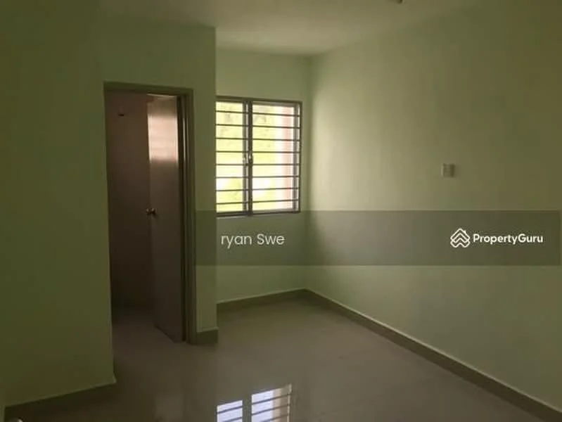 Room features: light green painted walls, white ceiling, glossy tile flooring, single window with horizontal bars, door leading to another room, natural light from window; style: modern; view: garden.