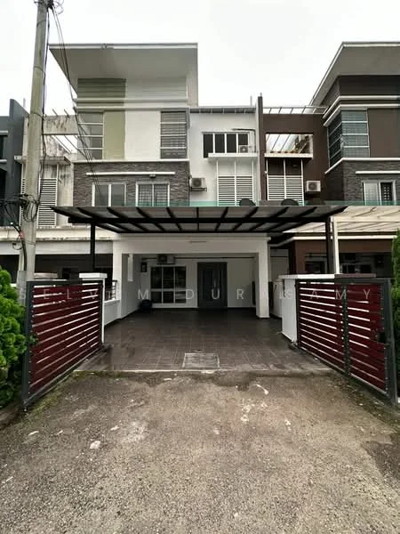 Exterior type: linked terrace house; features: two-storey building, flat roof, exposed brick facade, cream painted facade, glass windows, car porch with awning, manicured shrubs, paved driveway, security gate, perimeter fence; style: modern.