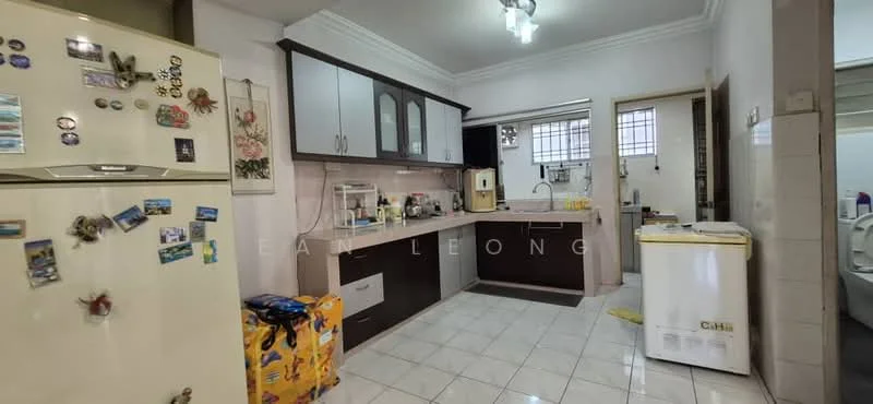 Kitchen features: white cabinets with glass fronts, brown lower cabinets, marble countertop, single-bowl stainless-steel sink, chrome pull-down faucet, built-in oven, freestanding refrigerator, white washing machine, tile flooring, recessed ceiling lights, window with grid pattern, magnetic fridge decorations, open shelving, yellow storage box; style: modern.