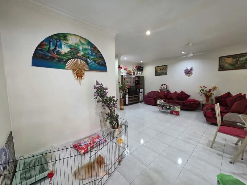 Living features: white painted walls, glossy white tile flooring, 5-blade ceiling fan with light, red fabric sectional sofa, red fabric armchairs, coffee table, TV console, decorative wall art, decorative plants, framed artwork, dog in a cage, dining table with chairs; style: contemporary.