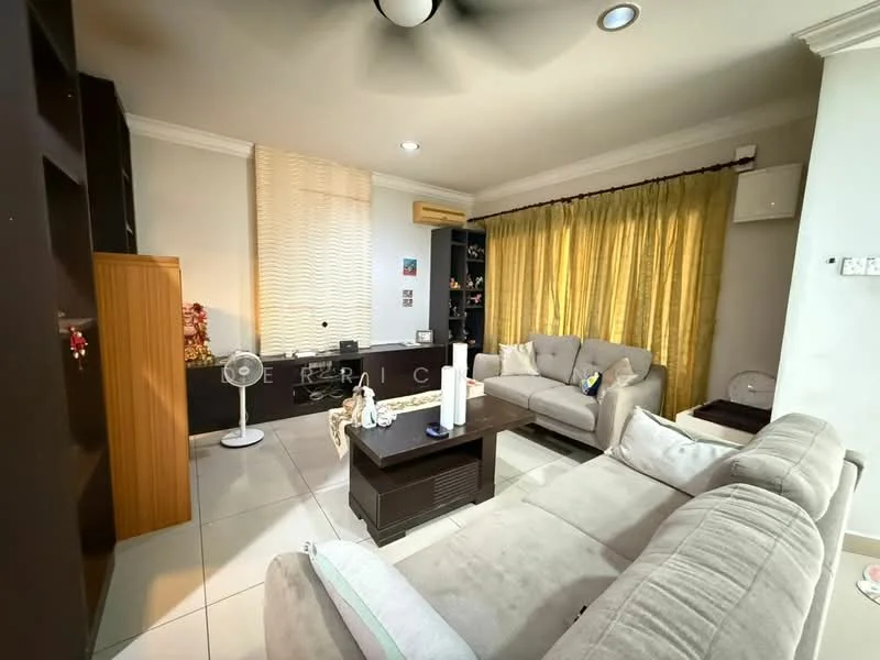 Living features: light grey fabric L-shape sectional sofa, 2-seater fabric sofa in beige, coffee table with dark wood finish, TV console with storage, wall-mounted TV, floor-to-ceiling windows with sheer curtains, cream painted walls, white ceiling with recessed lighting, ceiling fan, decorative items on shelves, tile flooring, golden curtains, air conditioning unit; style: modern.