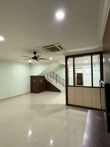 Living features: white painted walls, glossy ceramic tile flooring, 5-blade ceiling fan, recessed downlights, wall-mounted TV console, large window with no treatments, staircase with wrought iron railing, air conditioning unit; style: modern.