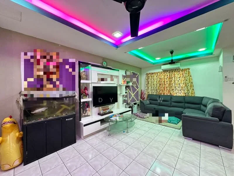 Living features: grey L-shape sectional sofa, glass coffee table, white TV console, wall-mounted TV, decorative wall art, curtains with floral pattern, ceiling fan with light, recessed LED downlights, white tiled flooring, feature lighting with color change, fish tank, decorative shelving unit; style: modern.