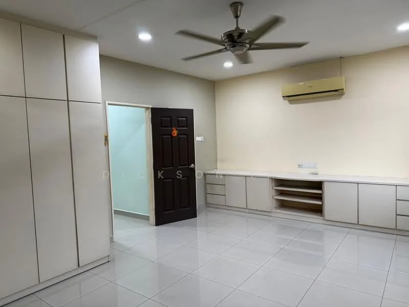 Room features: white painted walls, glossy white tile flooring, ceiling fan, wall-mounted air conditioning unit, built-in cabinetry with flat-panel doors, open shelving, doorway leading to another room, light fixtures, neutral color scheme; style: modern.