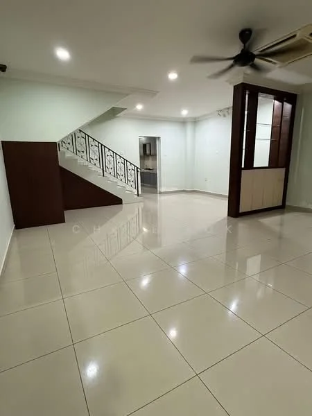 Living features: white painted walls, glossy tile flooring, 5-blade ceiling fan, recessed LED downlights, staircase with decorative railing, built-in cabinetry with glass front, air conditioning unit, open layout; style: modern.