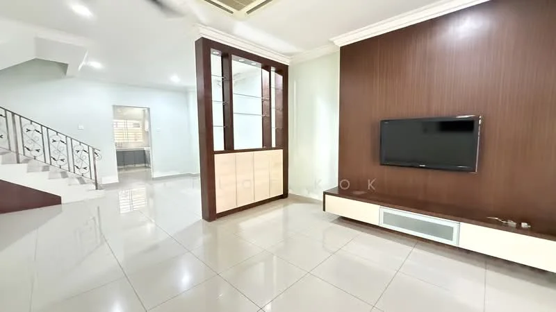 Living features: glossy ceramic tile flooring, cream painted walls, dark wood feature wall, built-in TV console, wall-mounted TV, glass display cabinet, recessed ceiling lights, air conditioning unit, staircase with decorative railing; style: modern.