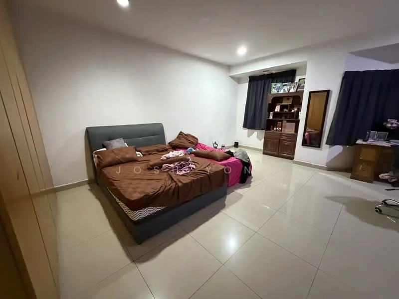 Bedroom features: queen-size bed with brown bedding, white painted walls, glossy tile flooring, dark curtains, wooden wardrobe, wooden dresser, desk chair, decorative items on dresser; style: modern.