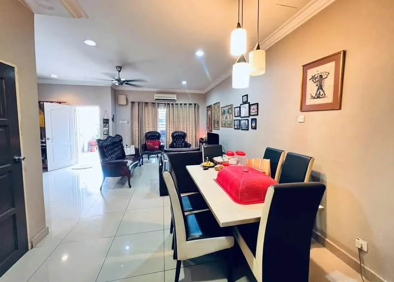 Dining features: dining table with white top, black upholstered dining chairs, 3 pendant lights, wall-mounted artwork, cream painted walls, recessed ceiling lights, sliding glass door, floor-to-ceiling windows with sheer curtains, air conditioning unit, tile flooring, ceiling fan; style: modern. Living features: 2-seater fabric sofa, 2 armchairs, coffee table, decorative wall frames; style: modern.