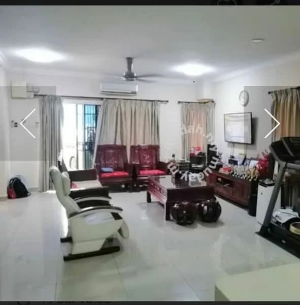 Living features: white painted walls, glossy tile flooring, 5-blade ceiling fan with light, floor-to-ceiling windows, sheer curtains, two red upholstered armchairs, wooden coffee table, TV console with wall-mounted TV, decorative wall unit, exercise equipment, area rug, decorative plants; style: modern.