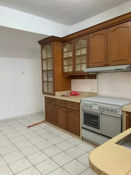 Kitchen features: wood cabinetry with glass-front upper cabinets, cream countertop, built-in oven, freestanding range oven, stainless-steel range hood, white tiled backsplash, ceramic tile flooring, single-bowl stainless-steel sink, wall-mounted cabinet, kitchen island with countertop; style: traditional.