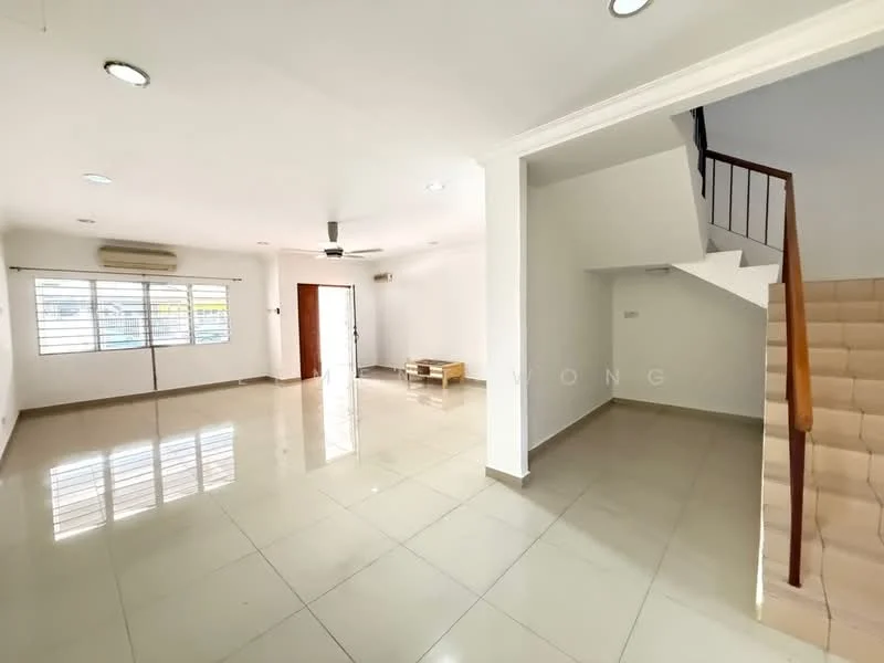 Living features: white painted walls, glossy ceramic tile flooring, 5-blade ceiling fan with light, floor-to-ceiling windows, sliding glass door, natural light from windows, air conditioning unit, neutral color scheme; style: modern. Room features: staircase with wooden handrail, cream painted walls, carpeted stairs, natural light from windows.