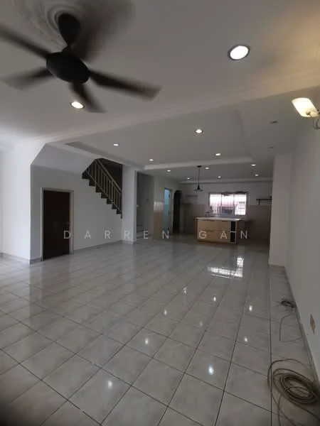 Living features: white painted walls, polished ceramic tile flooring, tray ceiling with recessed downlights, 5-blade ceiling fan, open layout, staircase with wooden railing, large windows with sheer curtains, kitchen island in background; style: modern.