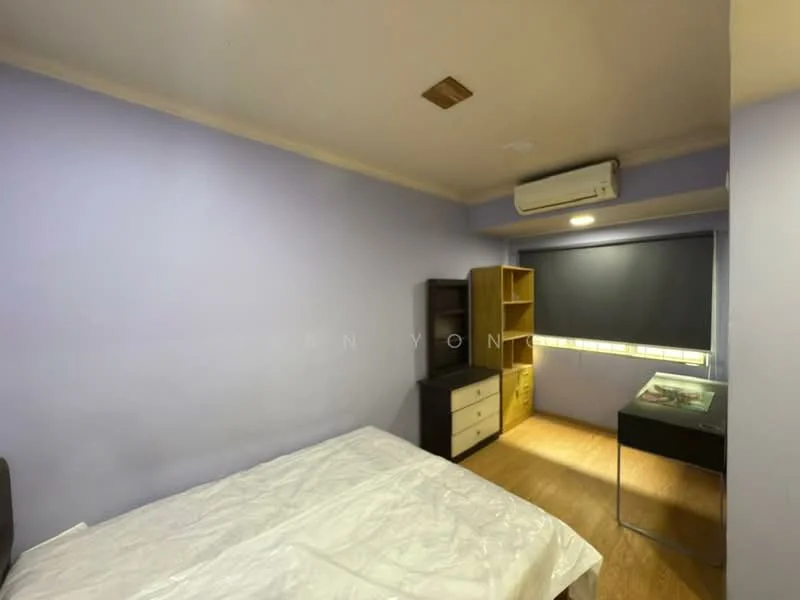 Bedroom features: purple painted walls, wood laminate flooring, 1 wall-mounted split AC, double bed with white bedding, built-in wardrobe, bookshelf, window with roller blinds, glass-top study table; style: modern.