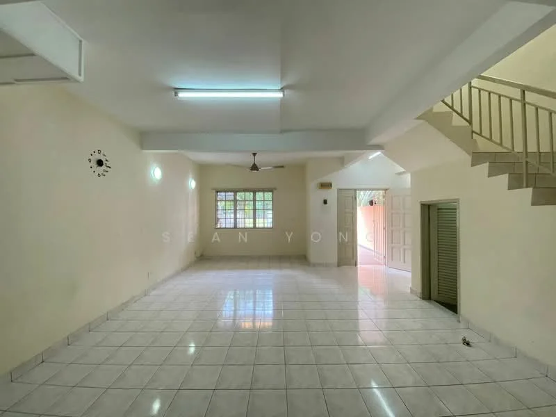 Living features: white painted walls, glossy white tile flooring, ceiling fan, recessed lighting, large window with grid pattern, staircase leading to upper floor, doorway leading to another room, wall-mounted clock.
