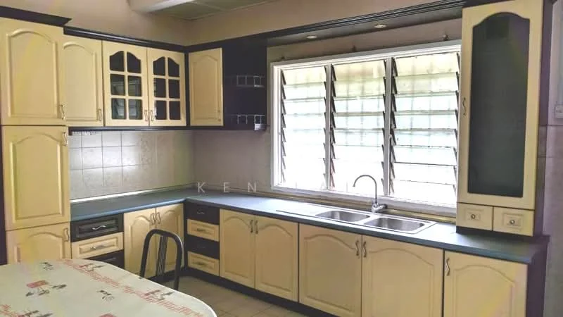 Kitchen features: cream cabinetry with glass-front upper cabinets, dark countertop, double-bowl stainless-steel sink, chrome pull-down faucet, tile backsplash, window with louvered shutters, wall-mounted cabinets, kitchen table, ceramic tile flooring, recessed lighting; style: traditional.