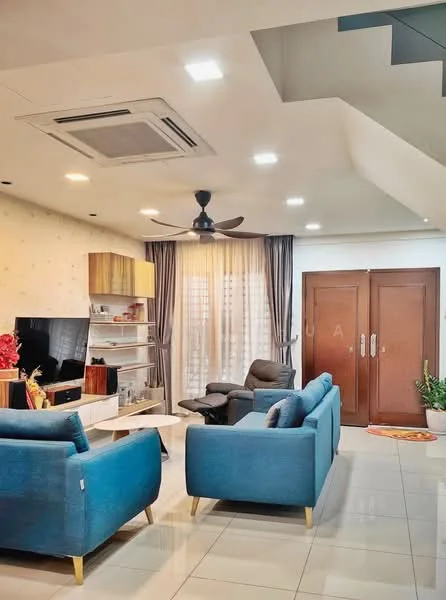 Living features: blue fabric 3-seater sofa, blue fabric 2-seater sofa, black leather recliner chair, wooden TV console, wall-mounted TV, white shelving unit, decorative wall art, recessed LED downlights, 5-blade ceiling fan, split air conditioning unit, cream curtains, white tiled flooring, light grey accent wall; style: modern.