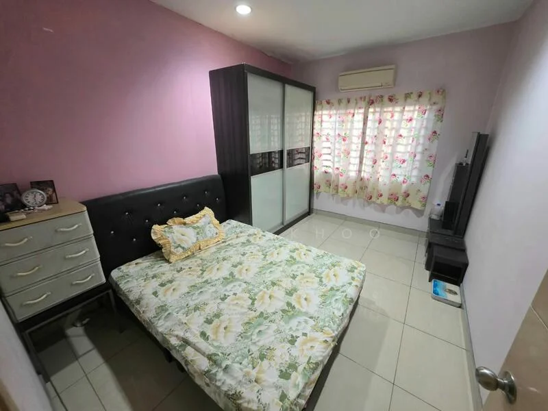 Bedroom features: queen-size bed with floral bedding, upholstered headboard, built-in wardrobe with sliding doors, cream bedside table, wall-mounted TV, floor-to-ceiling window with sheer curtains, light pink painted walls, tile flooring, air conditioning unit, decorative wall clock; style: modern.