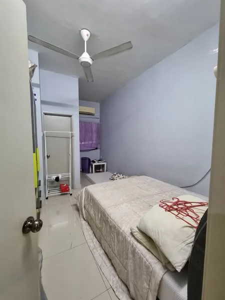 Bedroom features: queen-size bed with beige bedding, upholstered headboard, 2 bedside pillows, ceiling fan, wall-mounted air conditioning unit, light grey painted walls, glossy tile flooring, window with sheer curtains, built-in wardrobe, small side table, decorative wall art; style: modern.