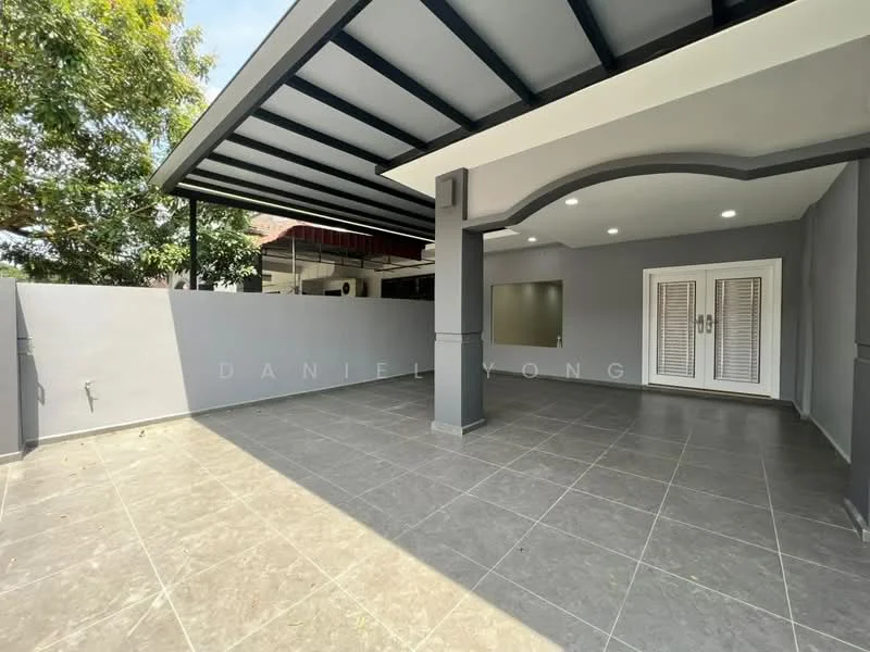 Exterior features: grey painted walls, grey tiled flooring, covered patio area, sliding glass doors, white louvered doors, decorative archway, exposed beams on ceiling, manicured landscaping, outdoor space with no visible furniture; style: modern.