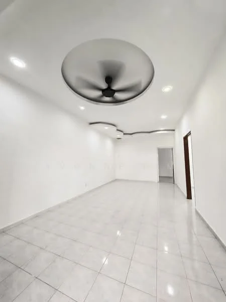 Room features: white painted walls, glossy white ceiling, 5-blade ceiling fan in black, recessed downlights, white tiled flooring, open layout, no visible furniture, neutral color scheme; style: modern.