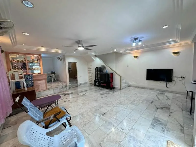 Living features: marble flooring, white painted walls, tray ceiling, 5-blade ceiling fan, recessed downlights, wall-mounted TV, entertainment unit, large windows, open layout, staircase, decorative wall sconces; style: modern.