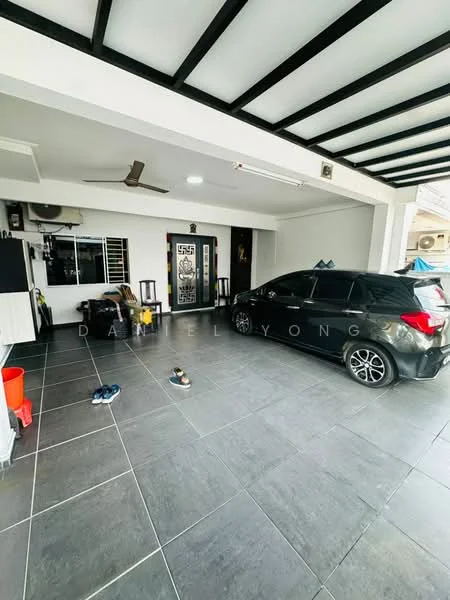 Exterior type: car porch; features: flat roof with exposed beams, grey tiled flooring, 1 car parked, wall-mounted ceiling fan, white painted walls, black door with decorative elements, windows with security bars, storage area with shelves, outdoor lighting fixtures; style: modern.