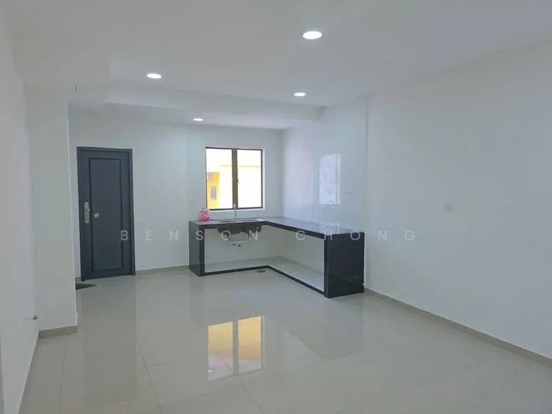 Kitchen features: white painted walls, glossy black cabinetry, white countertop, single-bowl stainless-steel sink, chrome pull-down faucet, tile flooring, recessed LED downlights, window with natural light, open layout, no visible appliances; style: modern.